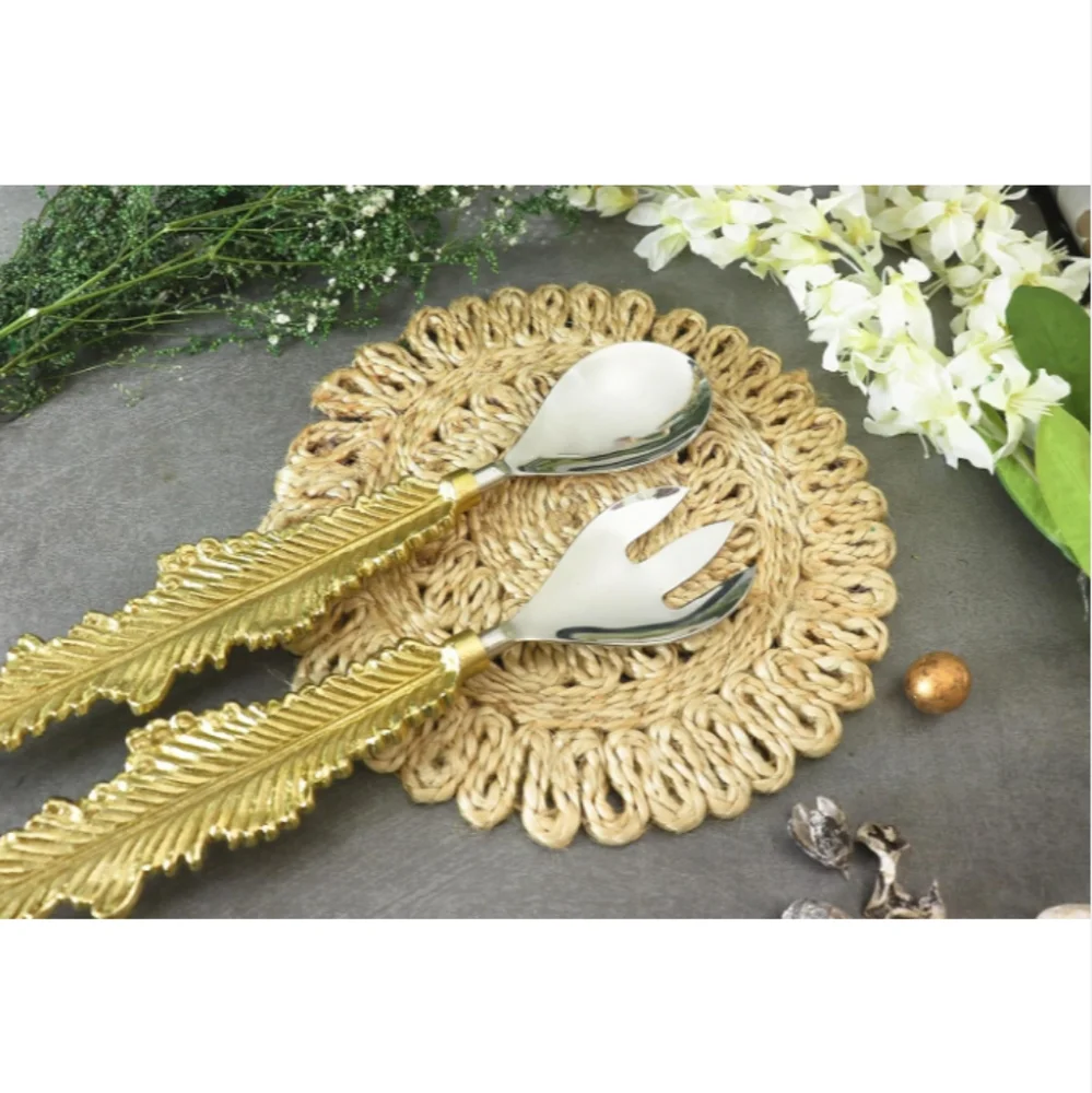 Gute Spoon Fork 2 Pieces Salad Server Gold Feather Leaf Design Set